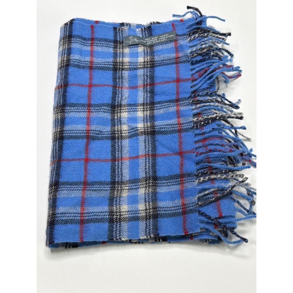 100% Baby Alpaca Blue Plaid Scarf Made in Peru Hand Finished Fringe 12x68‎